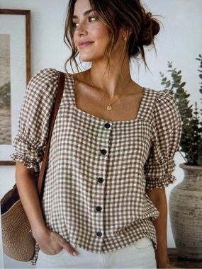 Madewell Beige Gingham top XL NWT
